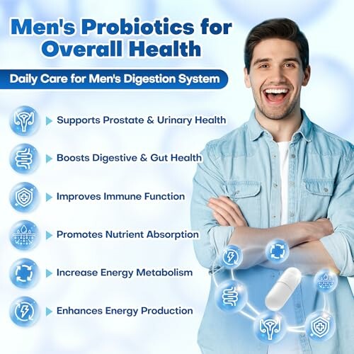 Men's probiotics benefits for digestion and health with smiling man.