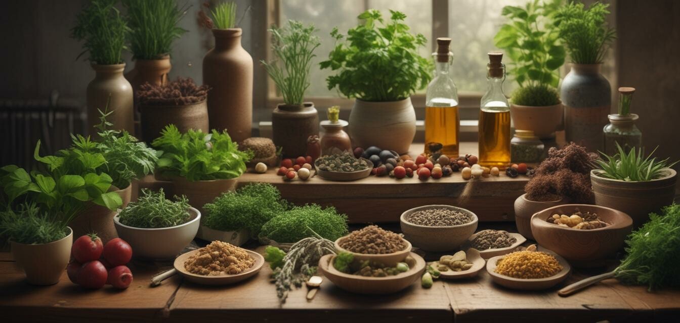 Herbs and natural ingredients on a table