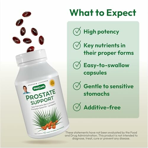 Prostate support supplement ad with benefits listed.