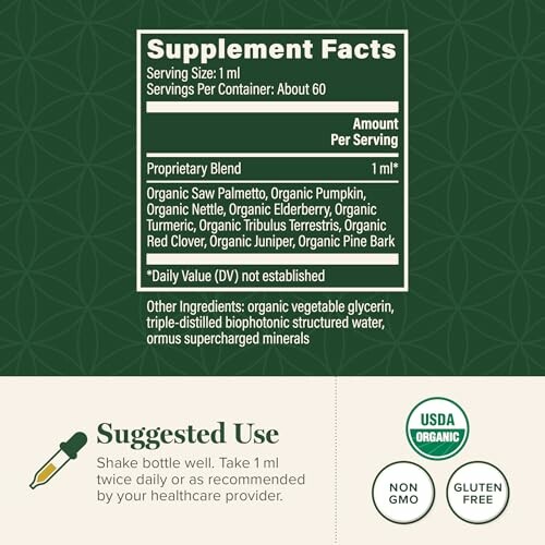 Supplement facts label for organic blend.