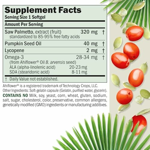 Supplement facts label for a softgel with ingredients and dosage details.